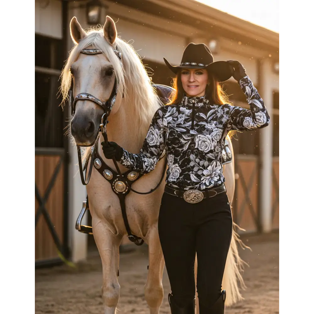 Black and white floral long-sleeved riding shirt with high collar performance equestrian sun shirt upf50+