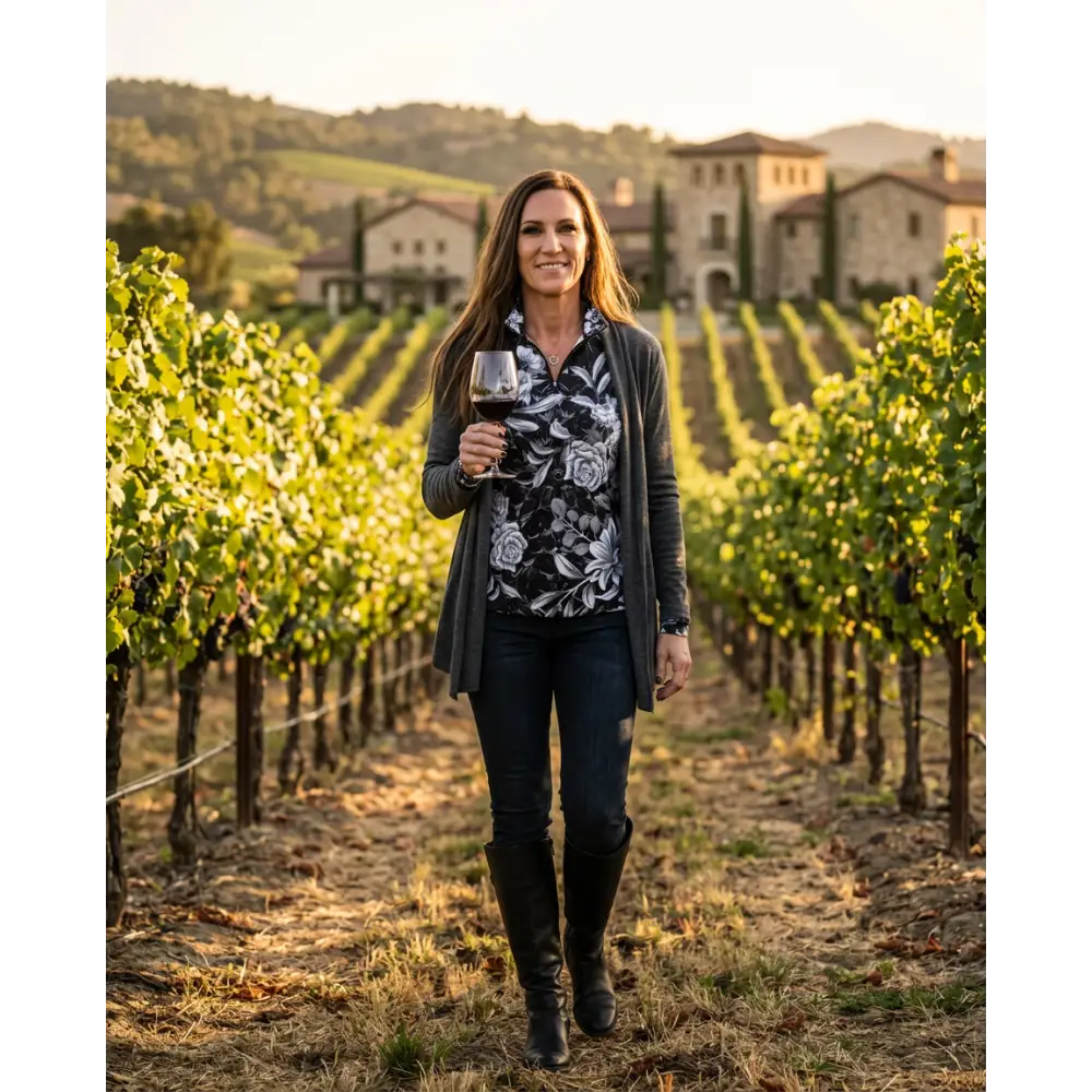 Woman wearing a shadow bloom performance equestrian sun shirt upf50 plus in black and white floral with gray cardigan walking through vineyard rows
