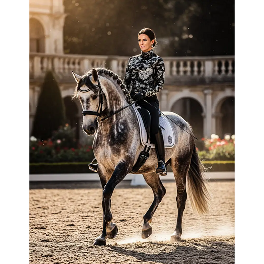 A dapple gray horse wearing a shadow bloom performance equestrian sun shirt upf50 plus with black mane and tail