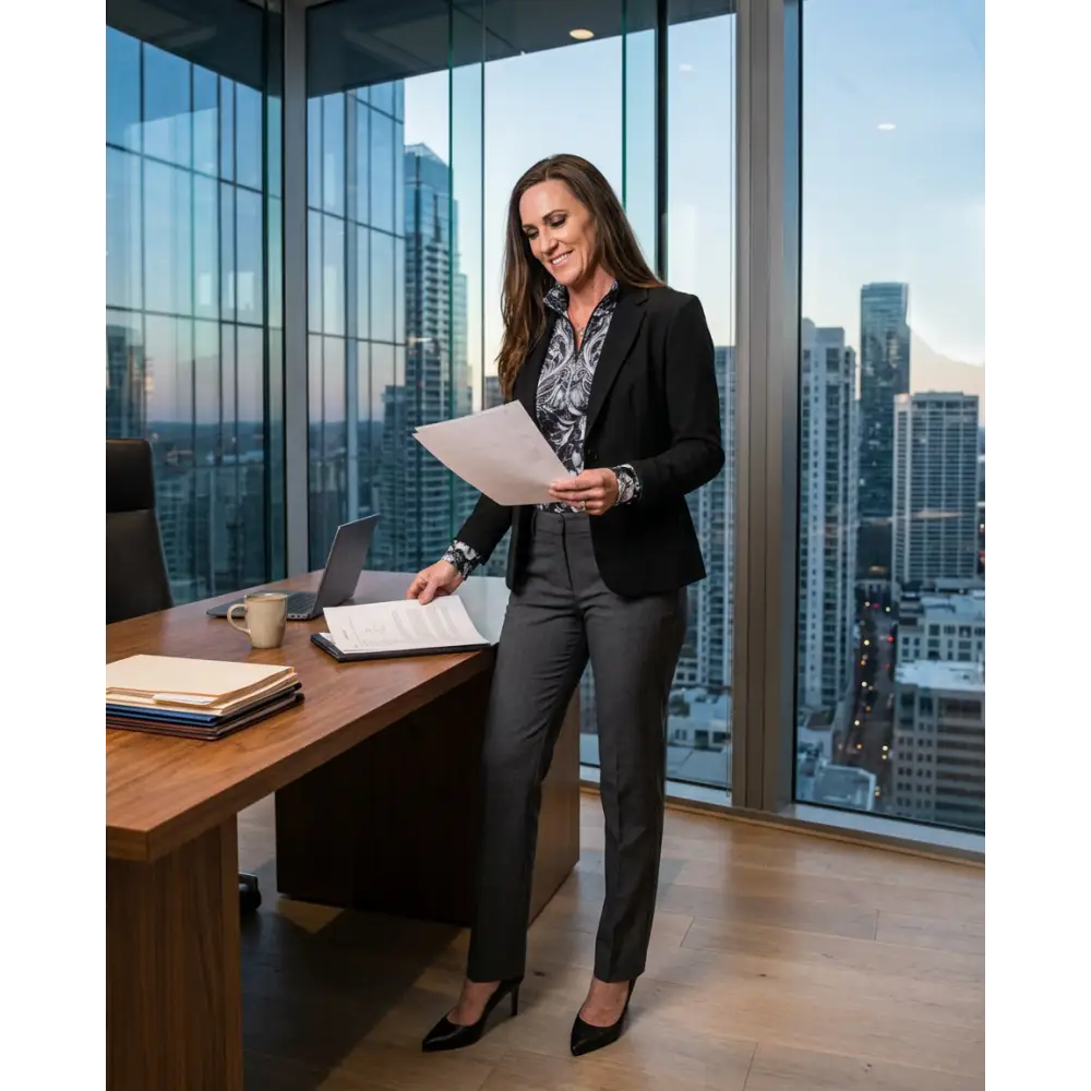 Woman wearing black blazer and gray trousers stands by desk showcasing shadow bloom performance equestrian sun shirt upf50+