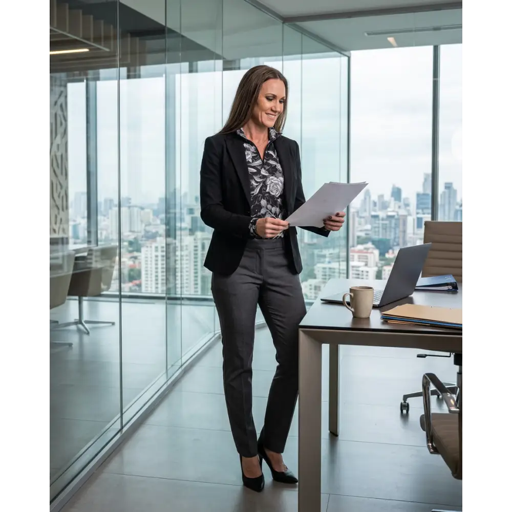 Woman wearing shadow bloom performance equestrian sun shirt upf50 plus in black blazer and grey trousers holding papers