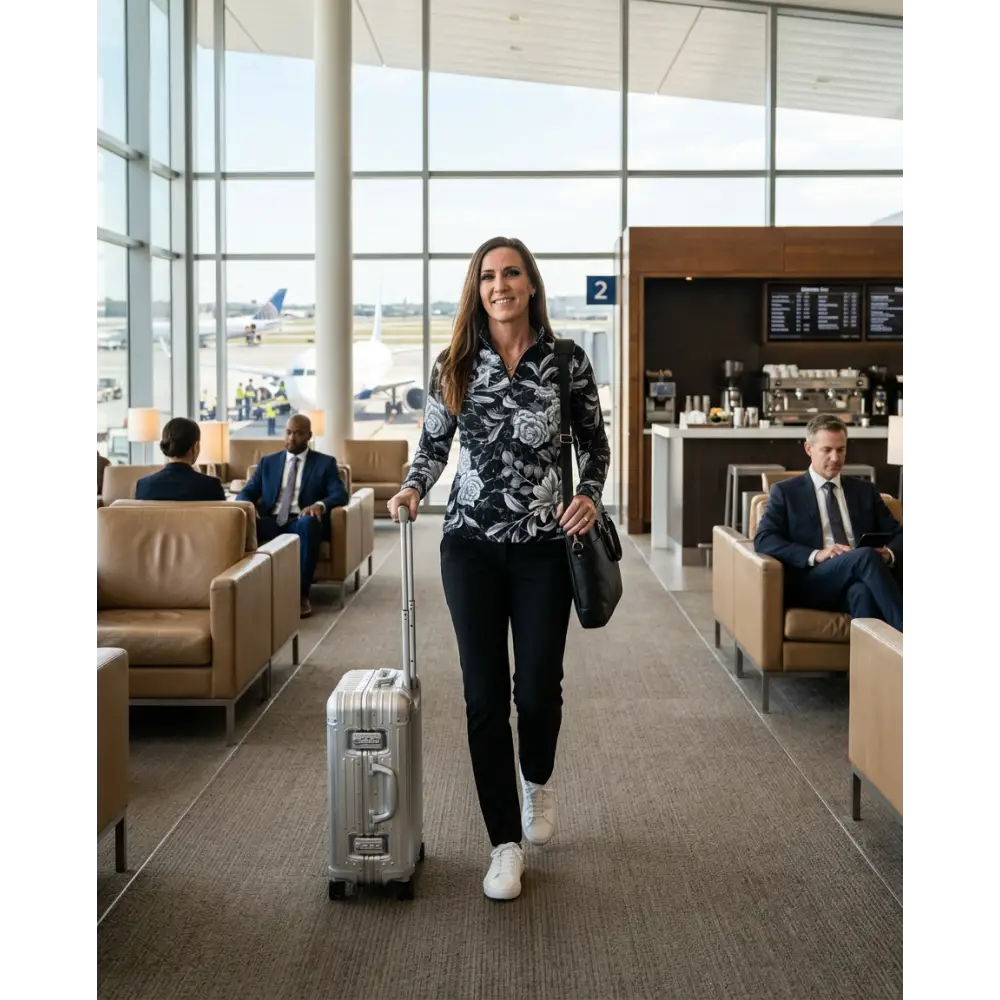Silver hard-shell suitcase with retractable handle and black wheels shown alongside shadow bloom performance equestrian sun shirt upf50+