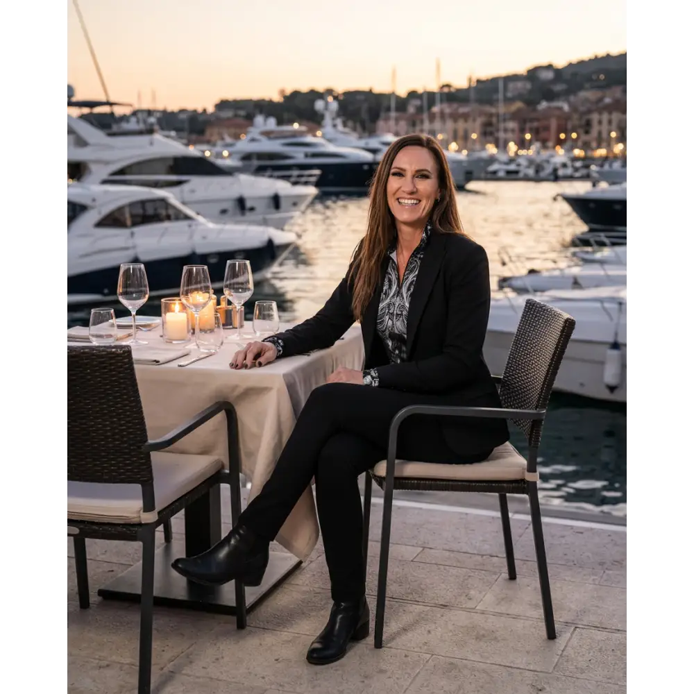 Woman wearing black shadow bloom performance equestrian sun shirt upf50+ seated outdoors with yachts in background