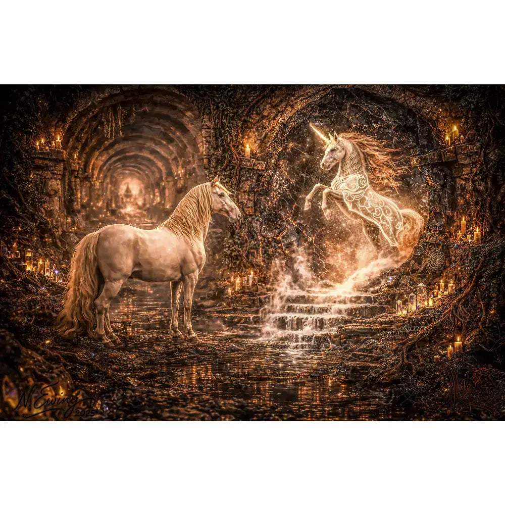 A glowing white unicorn with a golden horn leaps above stone steps in warm candlelit silver tier framed print artwork