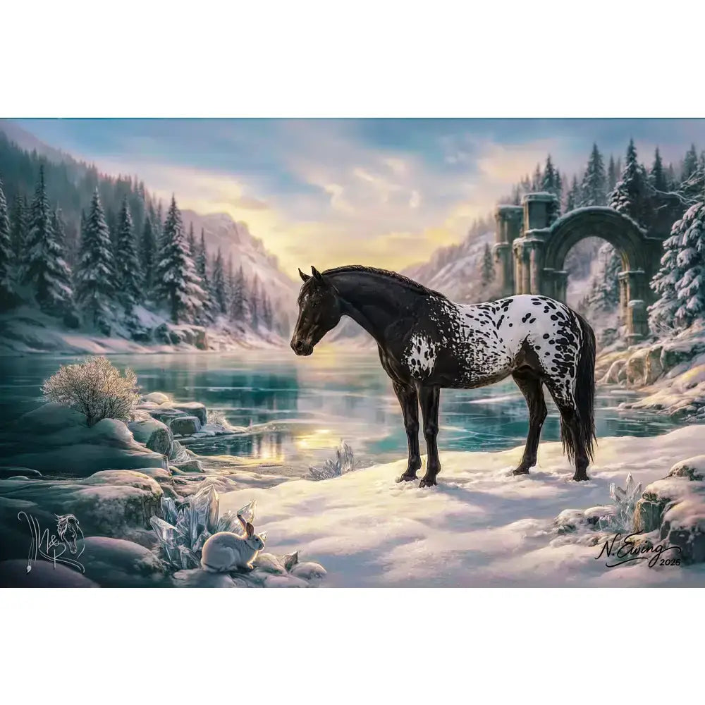 A majestic black and white spotted horse in a snowy landscape featured in silver tier final artwork framed print