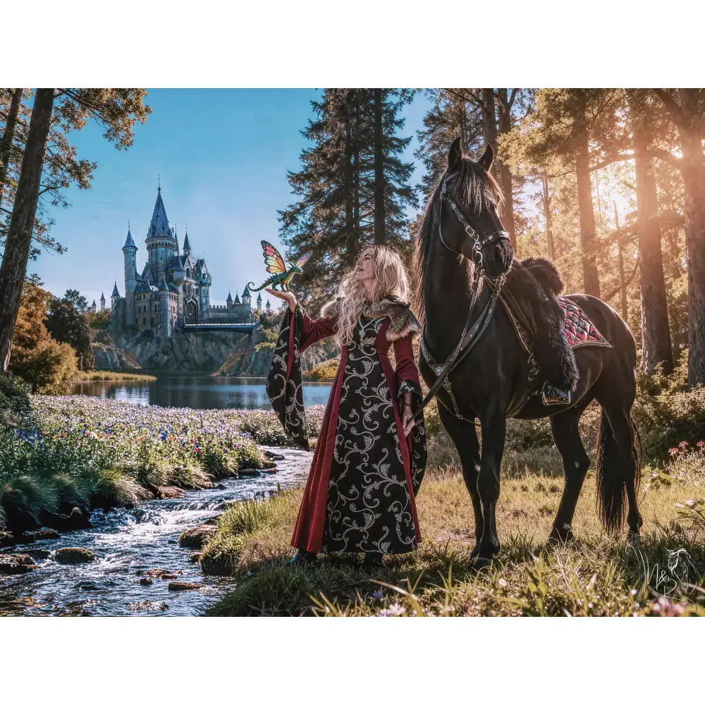 A woman in a black and red embroidered gown with gold detailing stands beside a dark horse in silver tier final artwork framed print