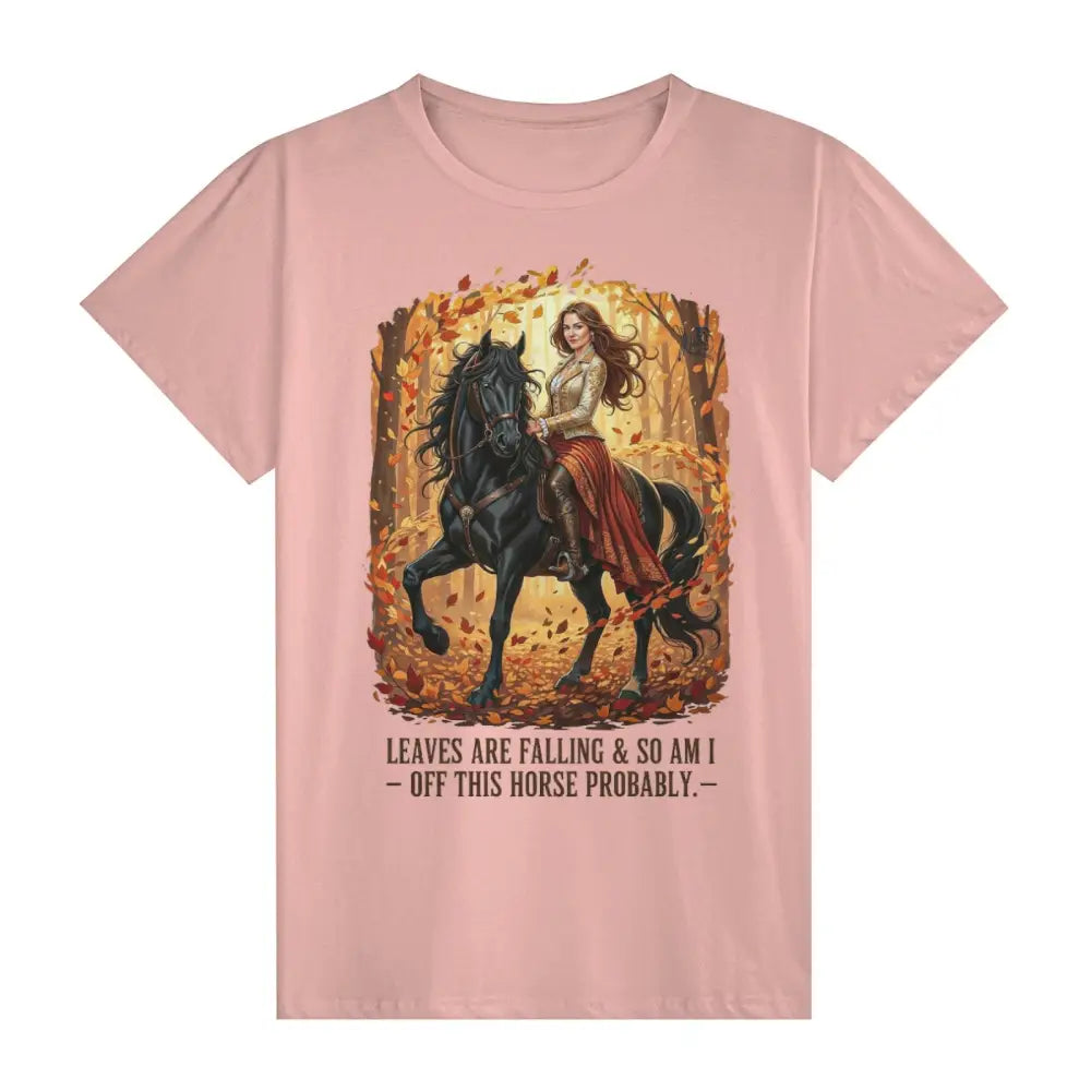 Pink unisex cotton T-shirt with horse and rider print, autumn leaves background