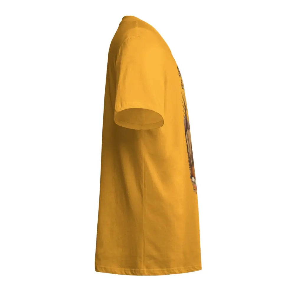 Mustard yellow unisex cotton T-shirt with graphic print and short sleeves