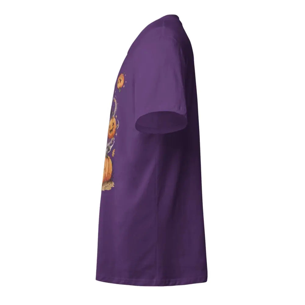 Purple pumpkin print unisex cotton T-shirt with short sleeves and crew neck
