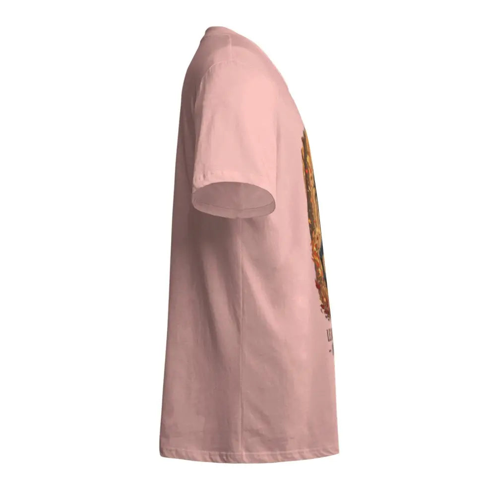 Pink unisex cotton T-shirt with graphic design on the back and short sleeves
