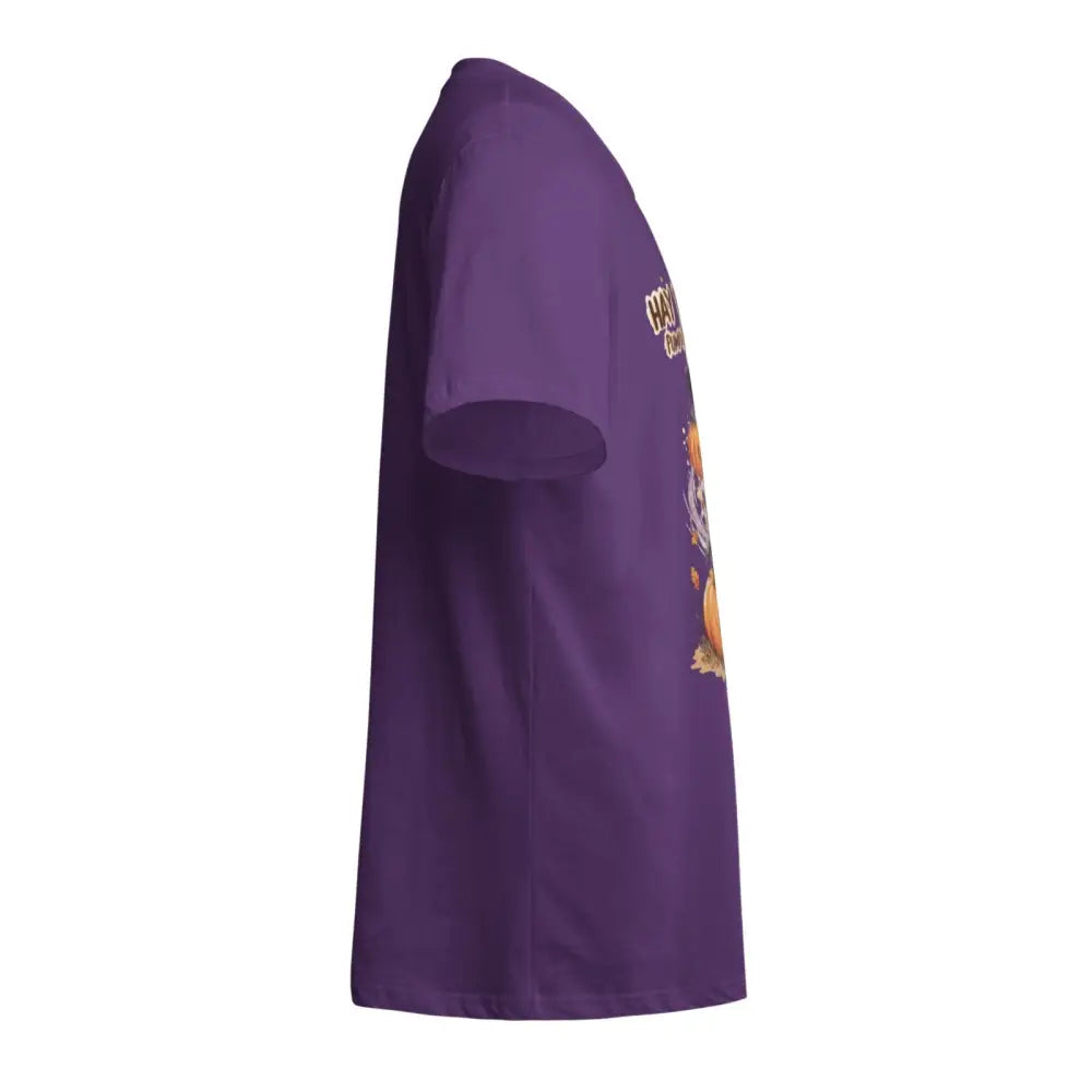 Purple unisex cotton T-shirt with graphic design on the back, short sleeve style