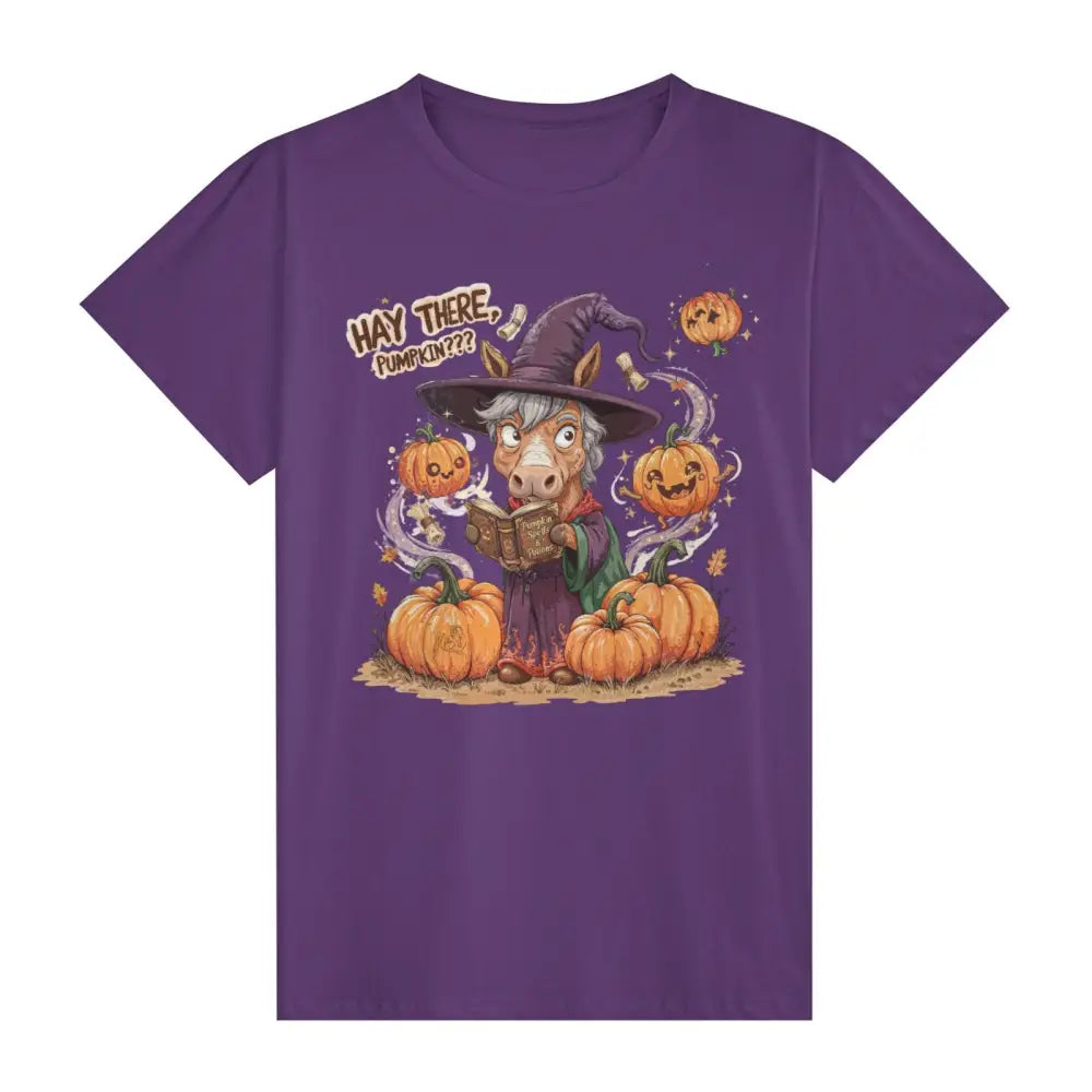 Purple unisex cotton T-shirt with horse witch and pumpkins design for casual wear