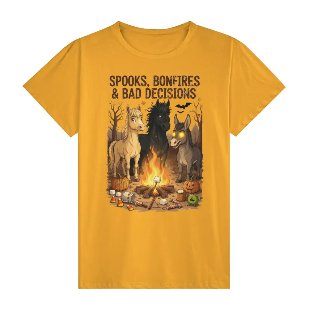 Yellow kids t-shirt with horse and donkey design featuring a campfire scene