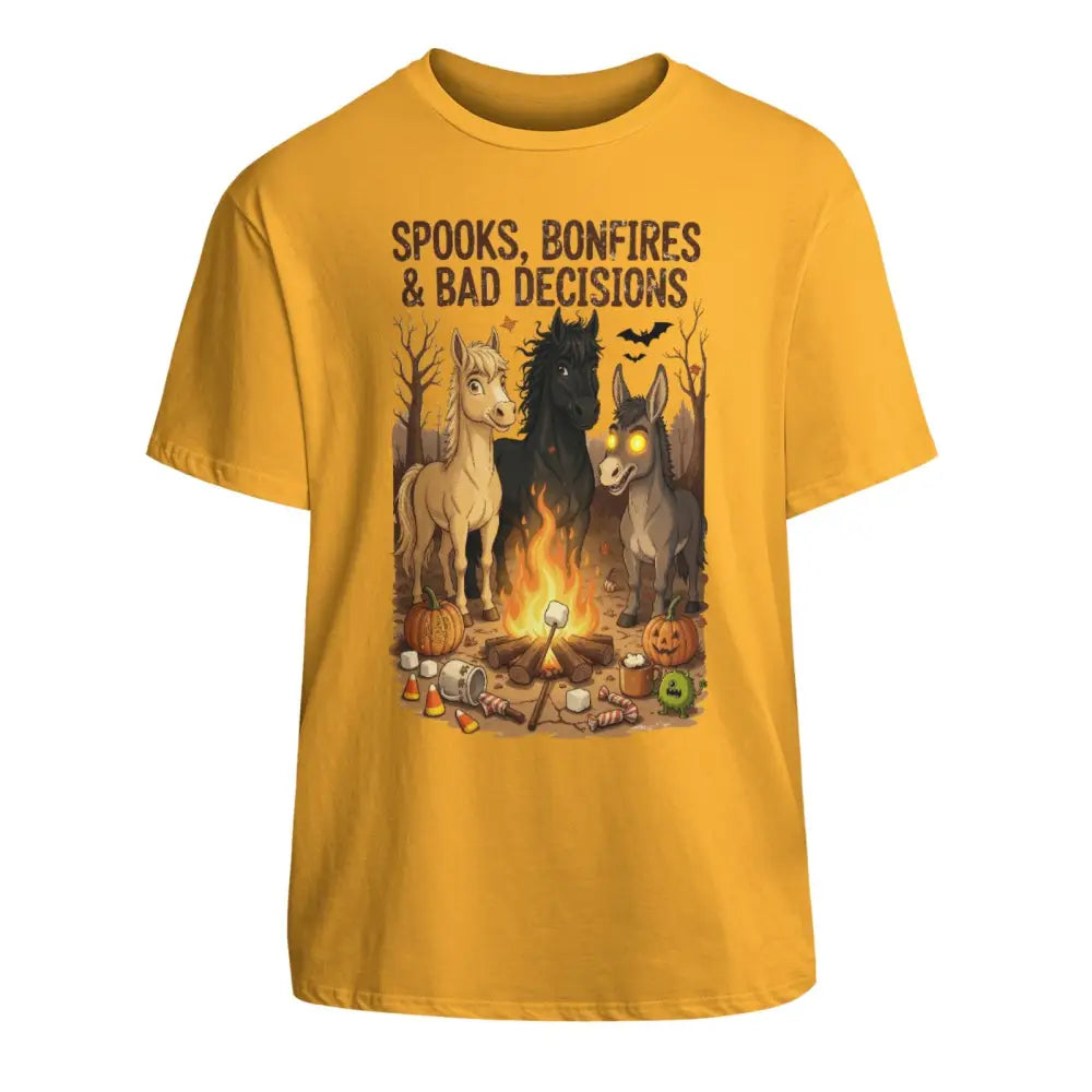 Yellow unisex cotton T-shirt with horse design and spooks bonfires bad decisions text