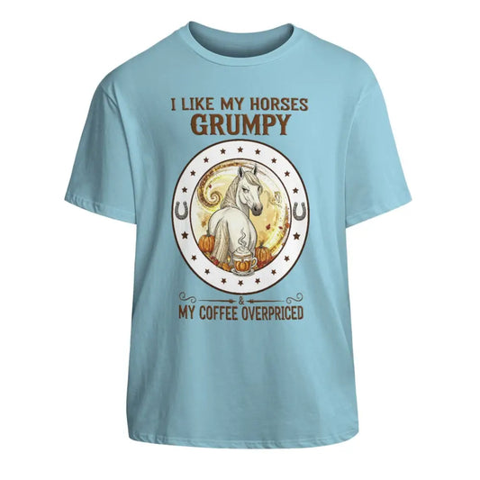 Light blue unisex cotton T-shirt with horse design and humorous text for horse lovers