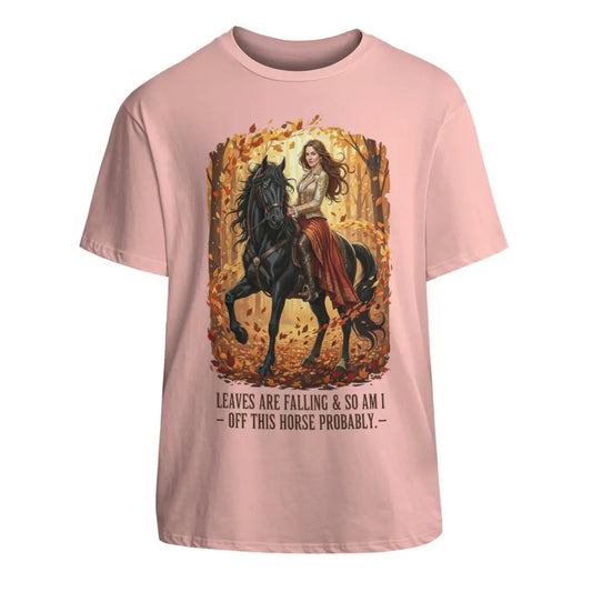 Pink unisex cotton T-shirt with black horse and rider print and autumn leaves background