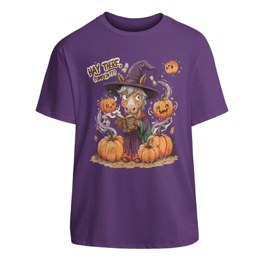 Purple unisex cotton T-shirt with witch donkey and pumpkins design for Halloween style