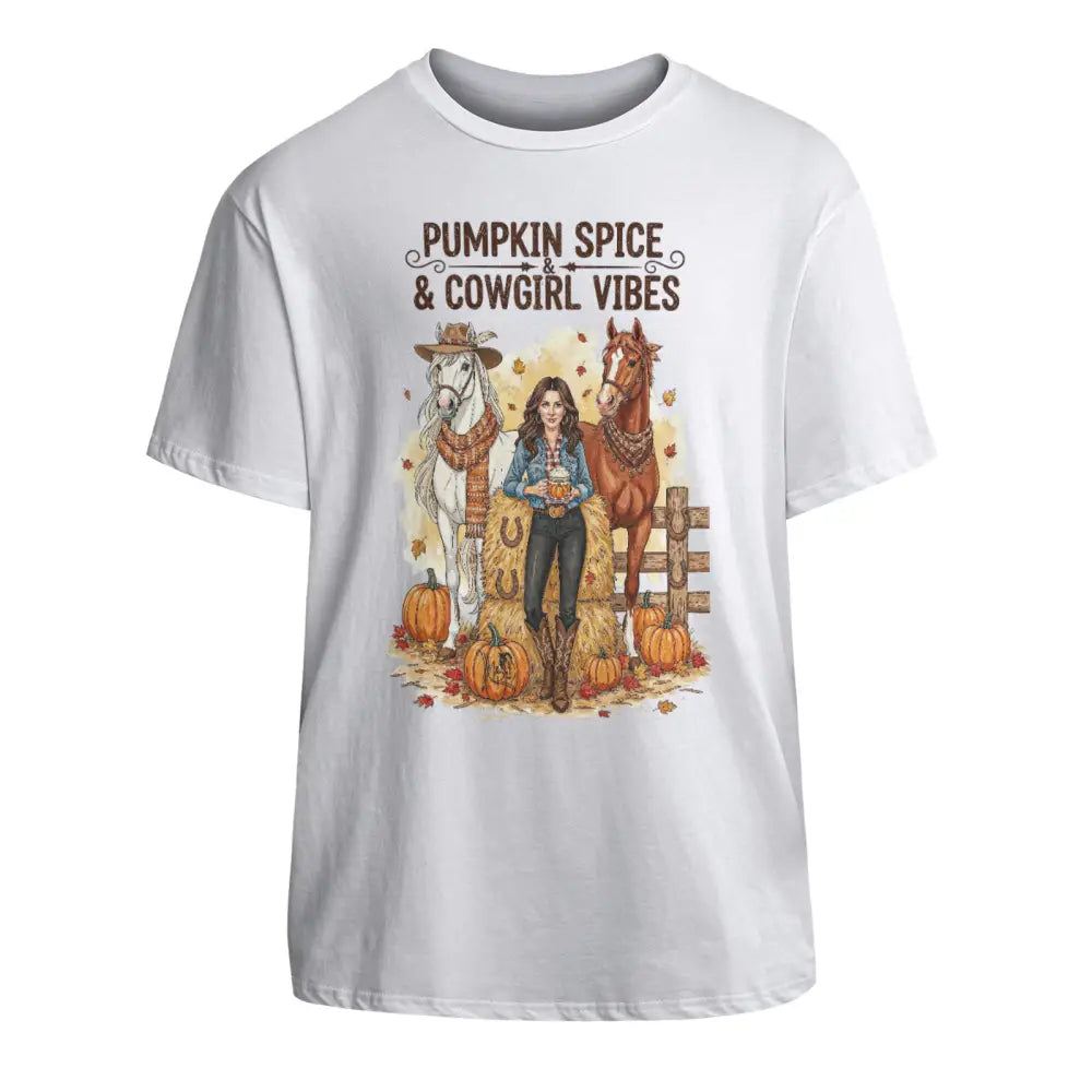 White unisex cotton T-shirt with pumpkin spice and cowgirl vibes design featuring woman horses and pumpkins