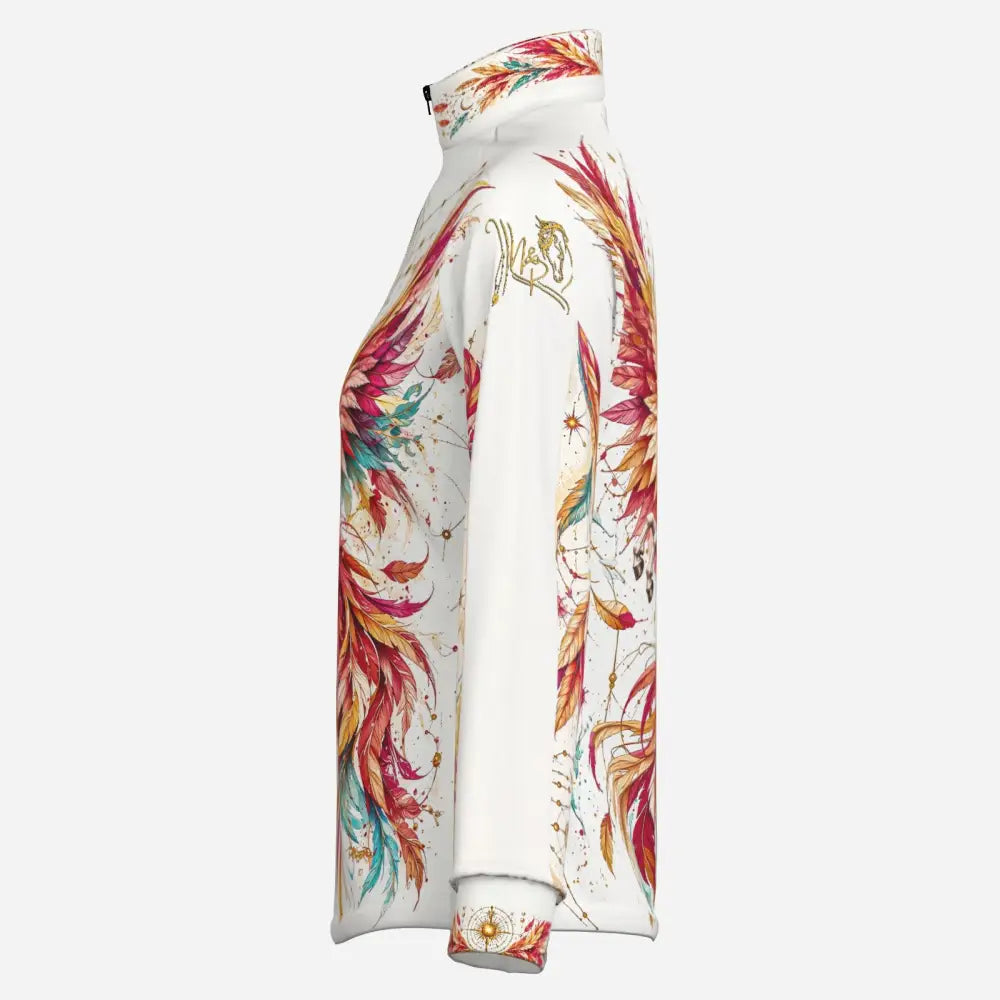 Skyfire unbound equestrian sun shirt long-sleeved white jacket with vibrant fiery horse and phoenix feather print upf50+