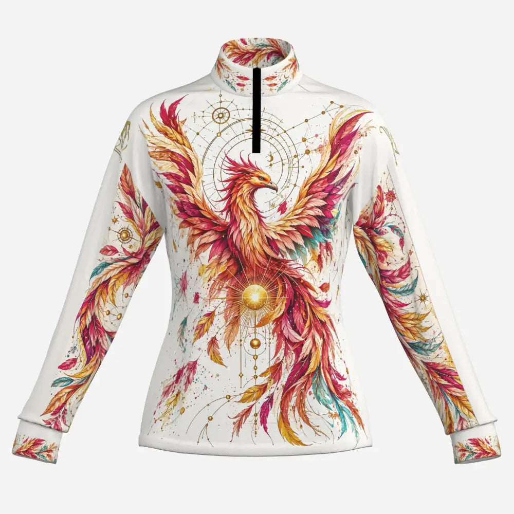 White long-sleeved zip-up sun shirt with fiery phoenix design in reds and golds skyfire unbound equestrian gear