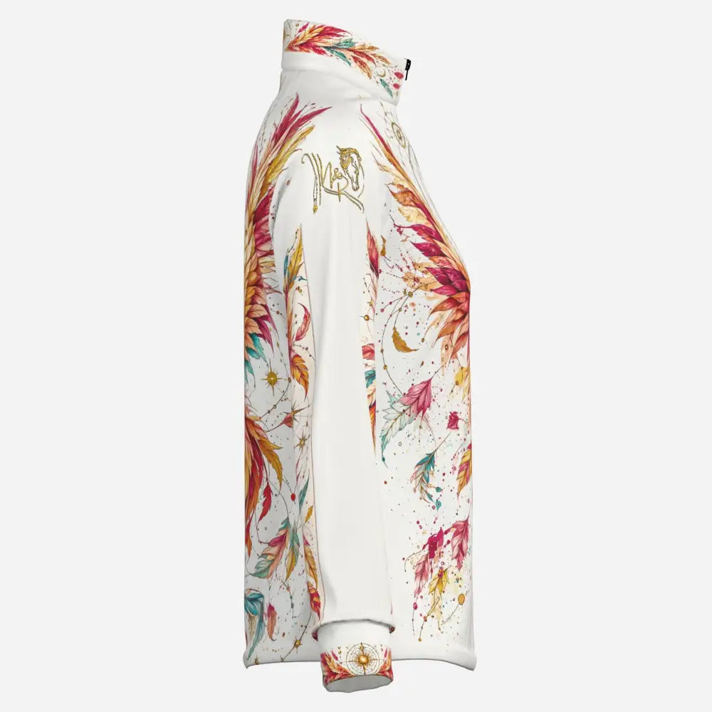 White high neck jacket skyfire unbound with vibrant colorful feather and celestial motifs in red orange gold teal and pink