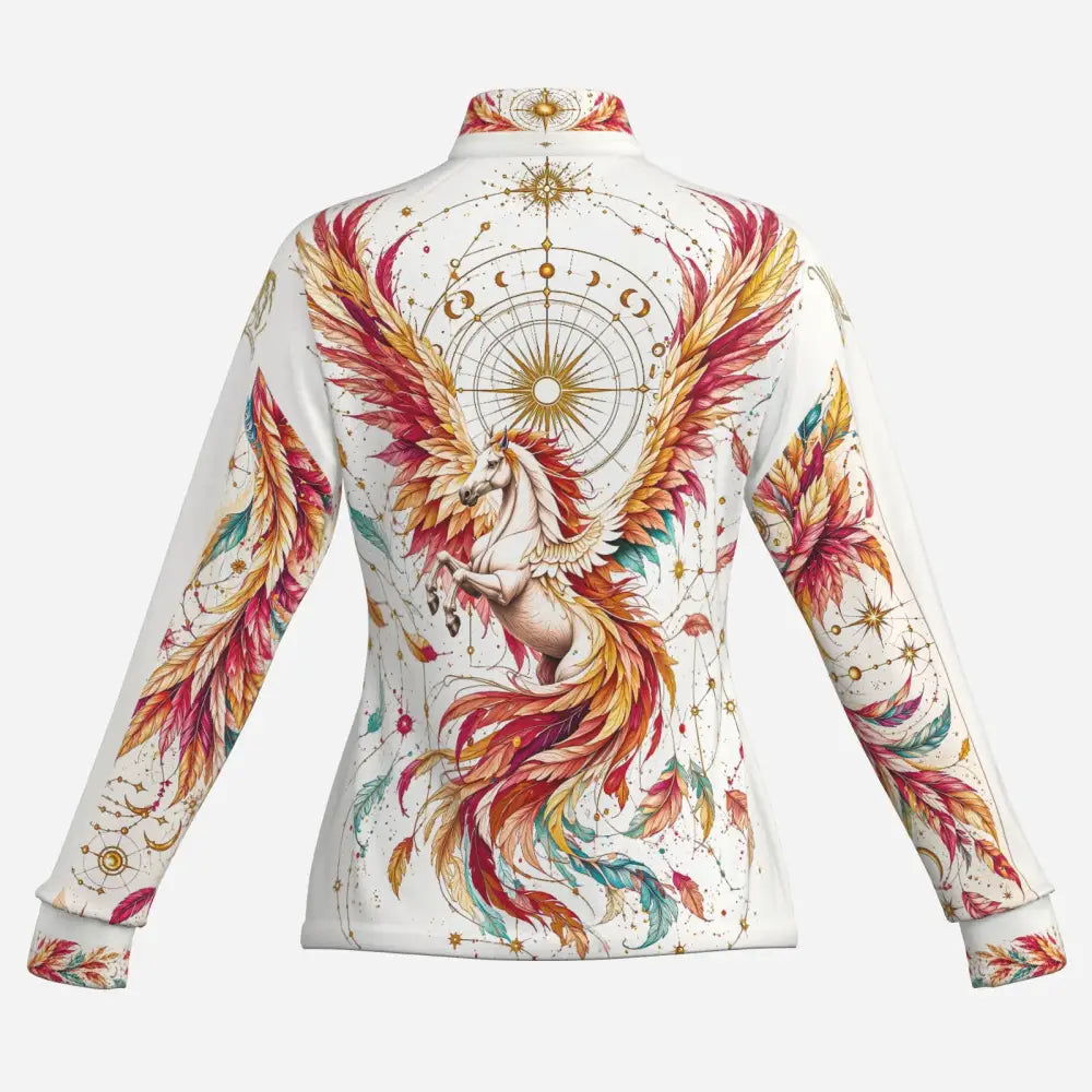 White long-sleeved jacket skyfire unbound with fiery horse and phoenix print for equestrian sun protection upf50+