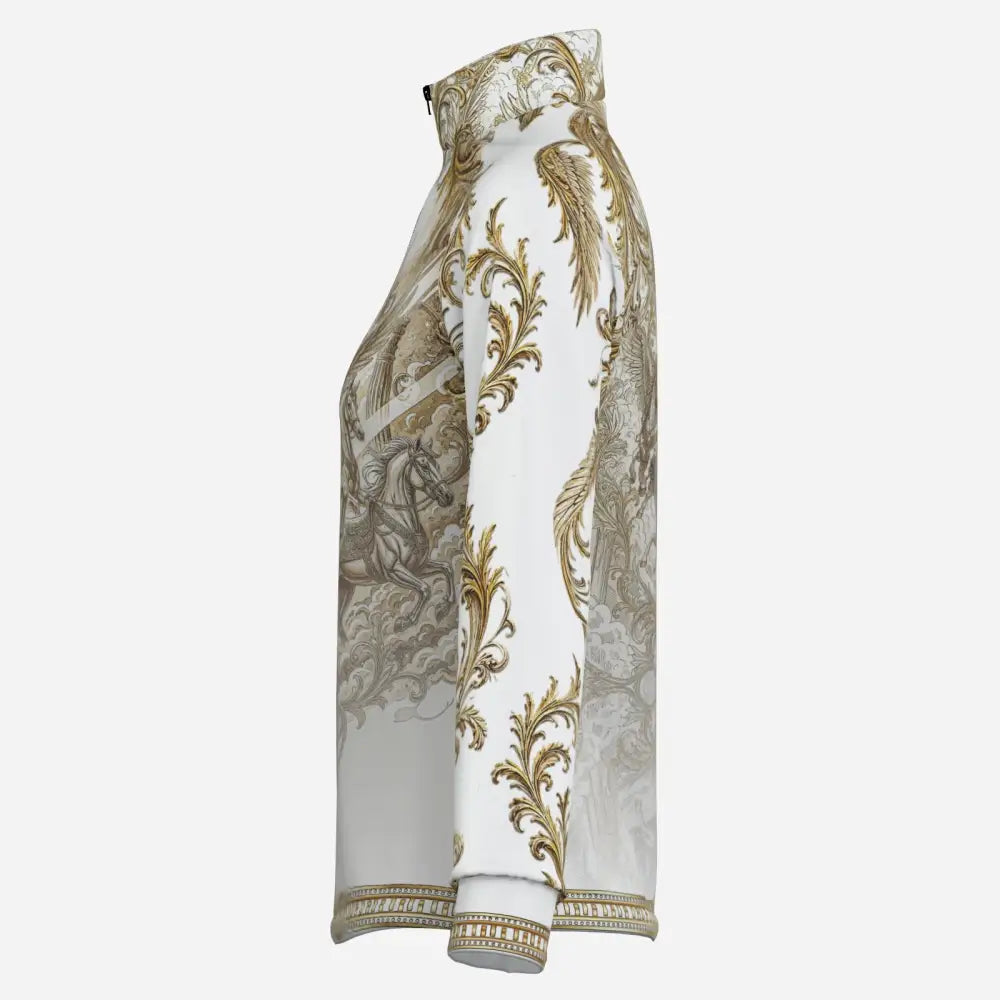 White long-sleeved solis aeternum jacket with ornate gold baroque print high collar and detailed cuffs from ripley signature collection wearable art