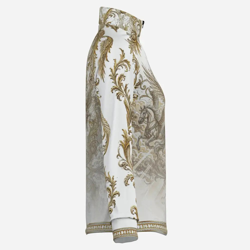 White solis aeternum long-sleeved jacket with ornate gold baroque winged horses from ripley signature collection wearable art