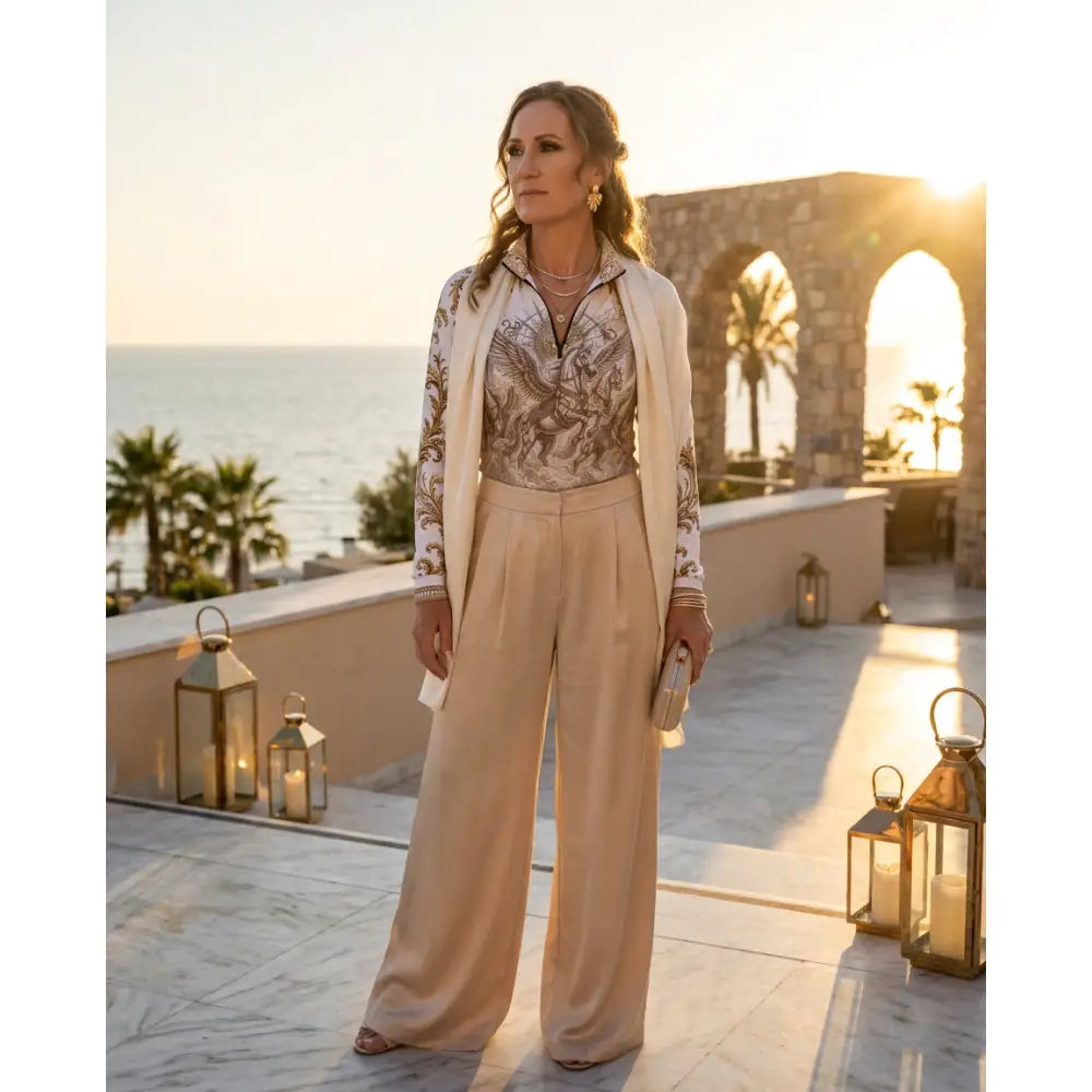 Beige wide-leg trousers from the solis aeternum ripley signature collection feature smooth flowing fabric and a high waistline