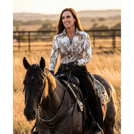 White long-sleeved solis aeternum western shirt with ornate gold and black eagle design from ripley signature collection wearable art