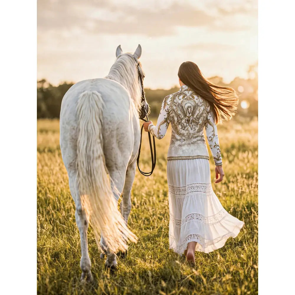 A woman wearing solis aeternum white embroidered equestrian sun shirt in ripley signature collection walks beside a horse
