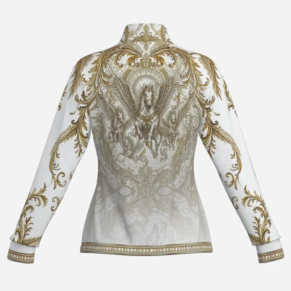 White long-sleeved solis aeternum sun shirt with gold ornate baroque winged horse print from ripley signature collection wearable art