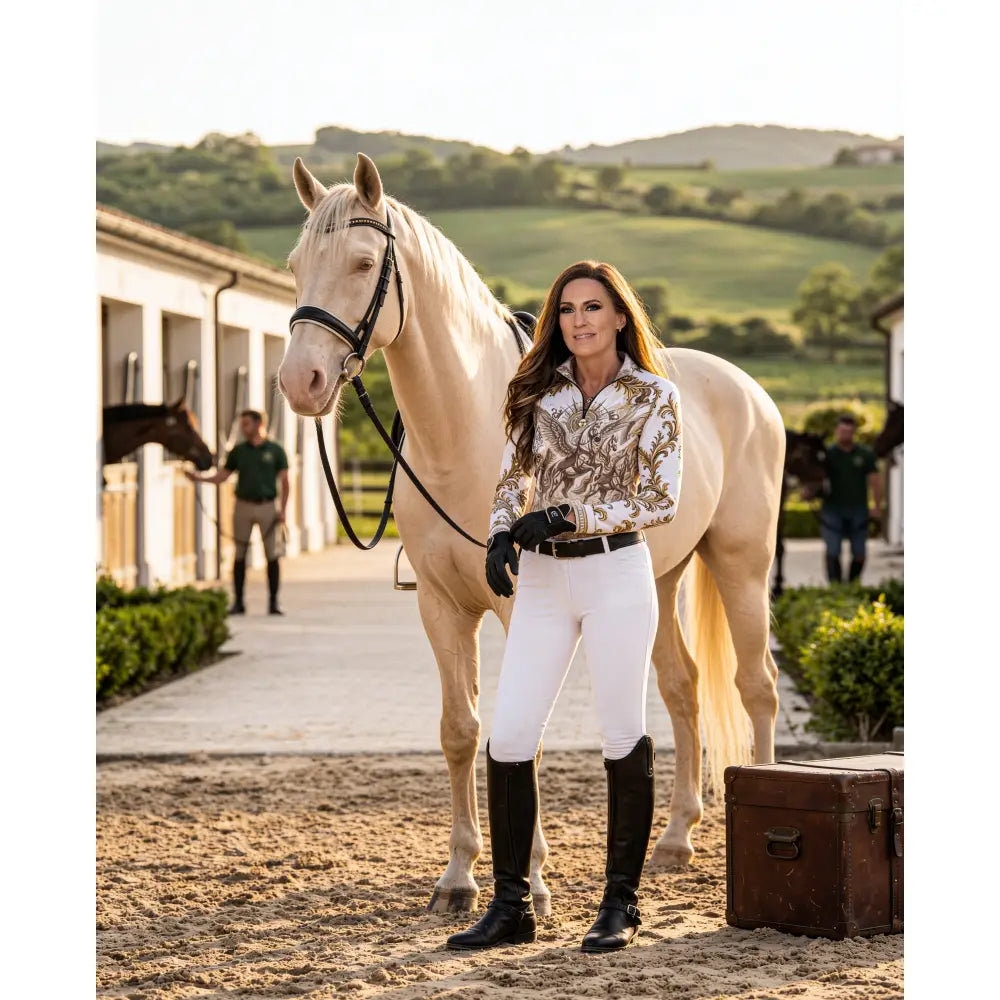 Woman wearing solis aeternum ornate golden horse print equestrian sun shirt from ripley signature collection with black gloves