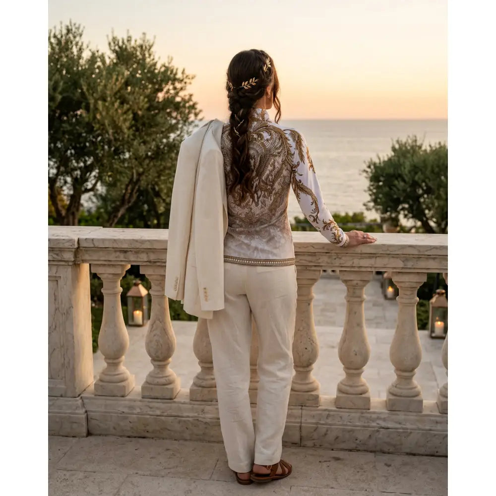 A woman wears the back of the Solis Aeternum white blouse with ornate gold embroidery from the Ripley Signature Collection wearable art