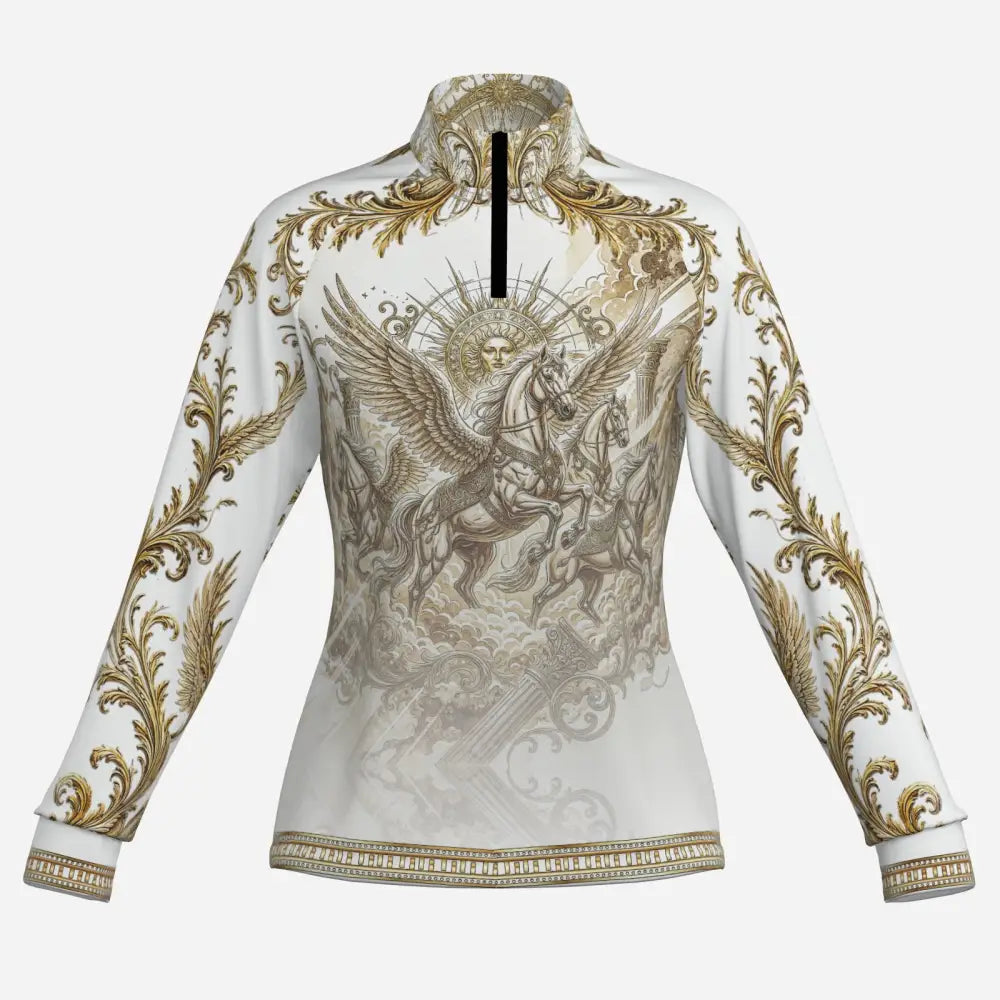 White long-sleeved solis aeternum zip-up top with gold gray baroque horse print from ripley signature collection wearable art