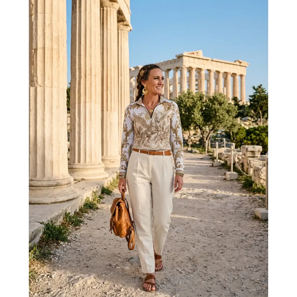 A tan leather backpack with structured design and stitching carried by a woman at an ancient greek site