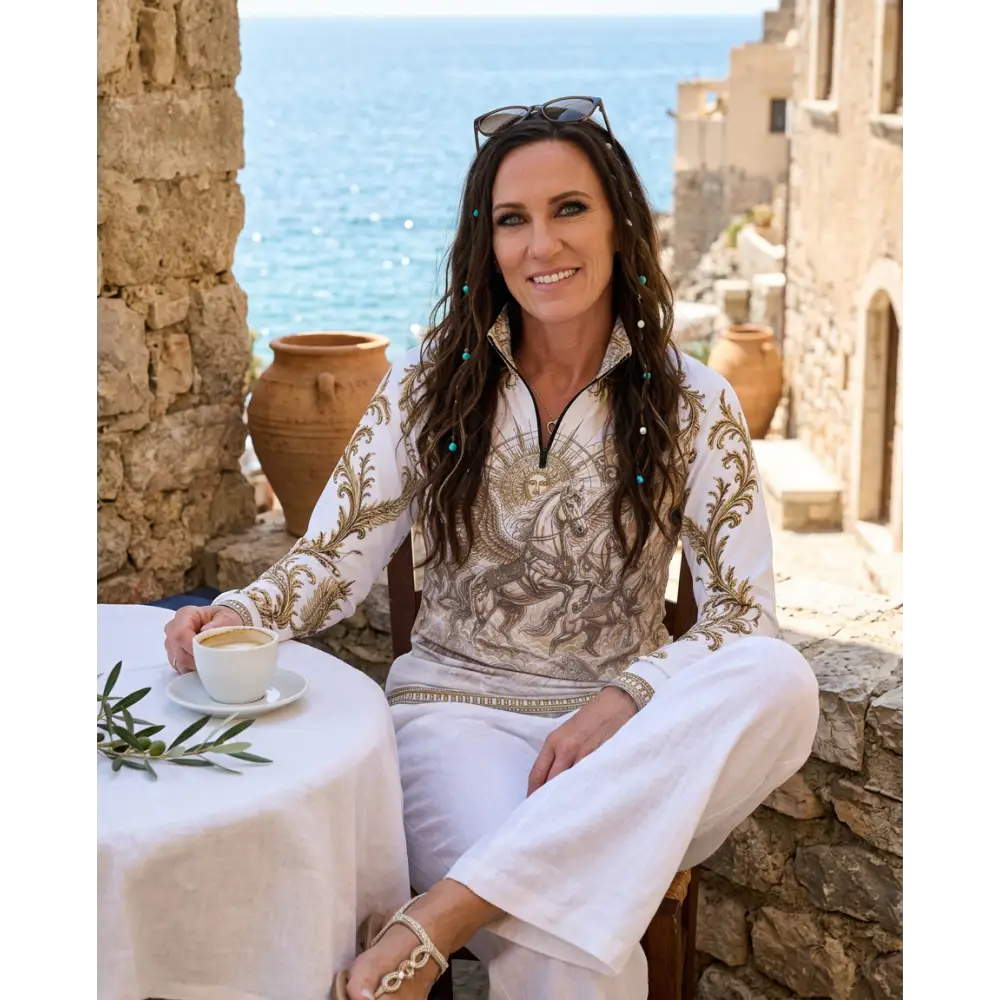 White long-sleeve performance equestrian sun shirt with gold embroidery and central illustration upf50+