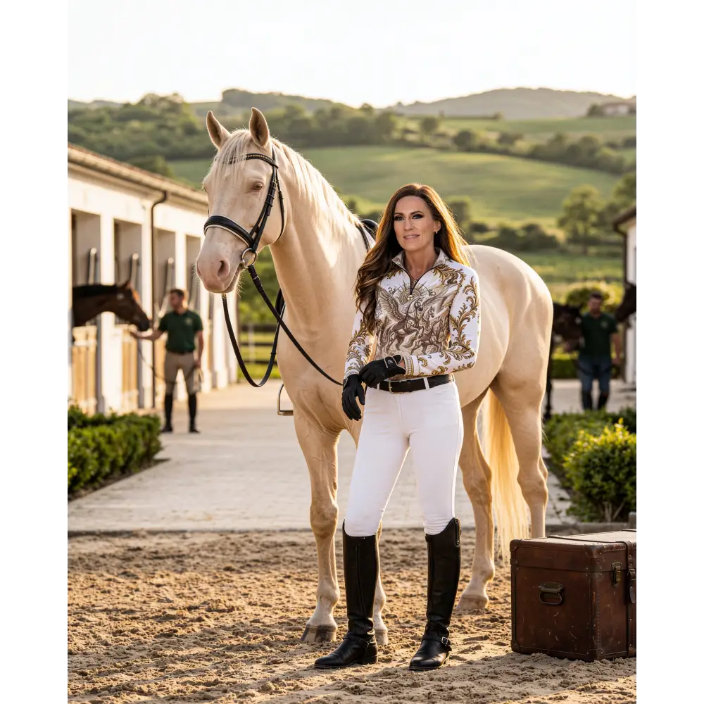 Woman wearing a white and gold ornate performance equestrian sun shirt upf50 plus with riding gloves and boots