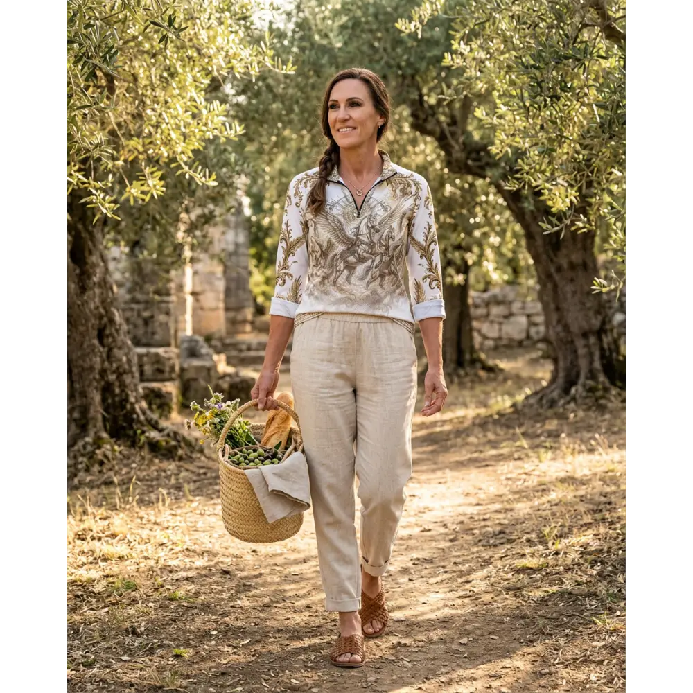 Woven wicker basket lined with beige cloth holding olive branches and green olives in solis aeternum equestrian sun shirt upf50+ product