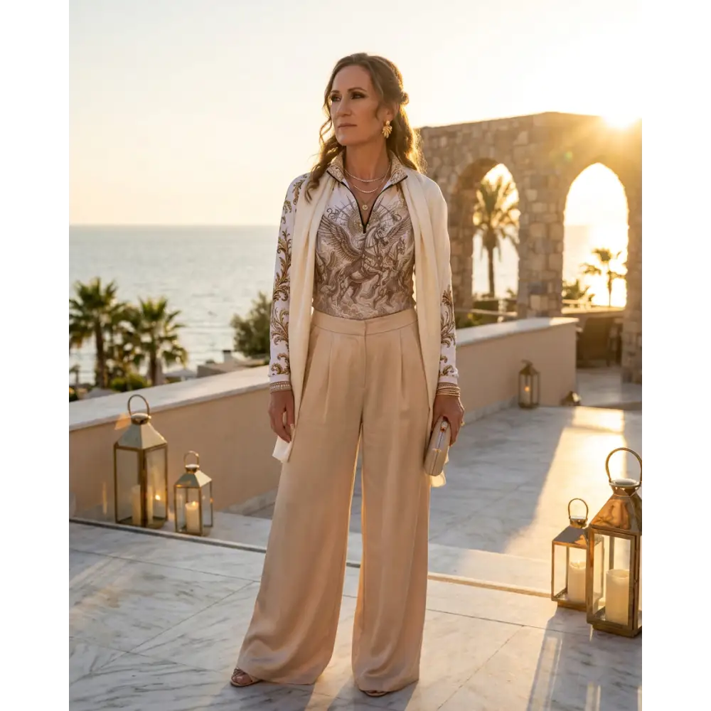 Beige wide-leg trousers with smooth flowing fabric and high waistline paired with solis aeternum performance equestrian sun shirt upf50+