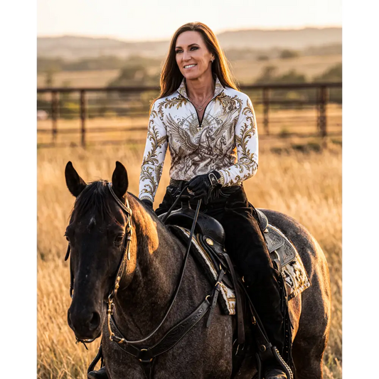 White long-sleeved performance equestrian sun shirt with gold and black ornate eagle design upf50+ solis aeternum