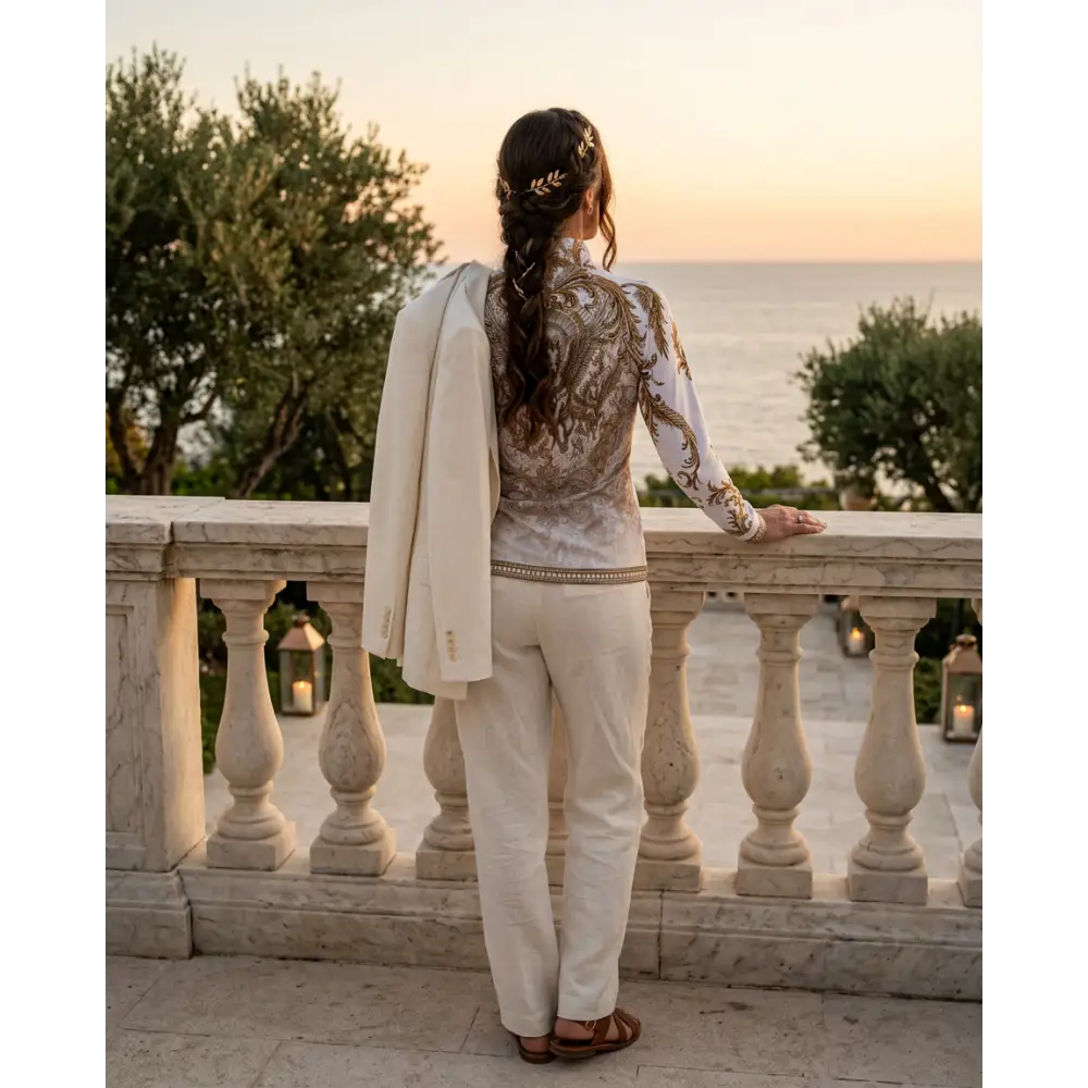 A woman wearing the back of a white solis aeternum performance equestrian sun shirt with gold embroidery and cream trousers