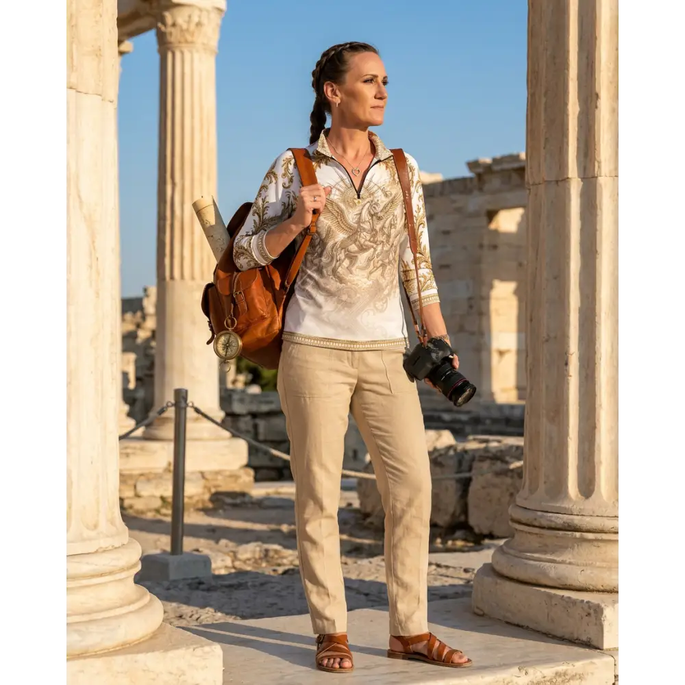 Brown leather backpack with brass compass attached shown with solis aeternum performance equestrian sun shirt upf50+
