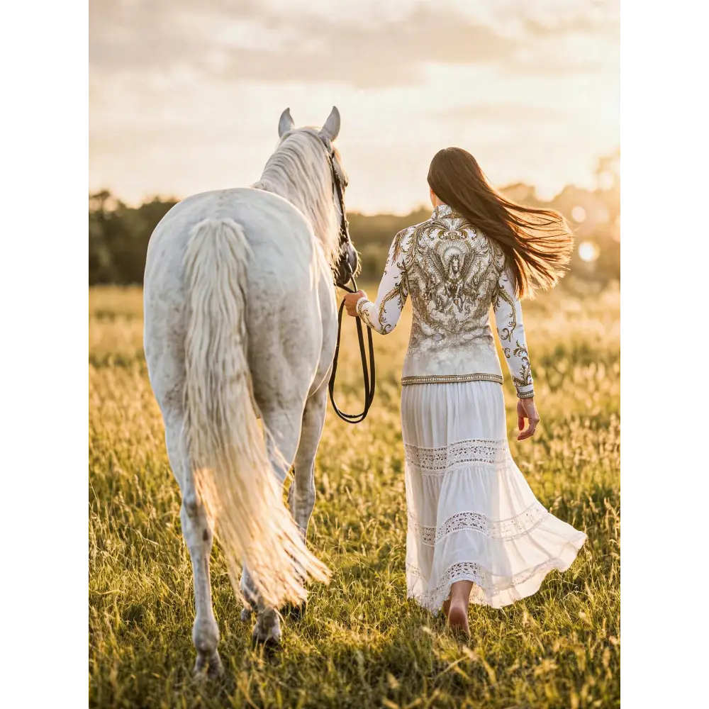 A woman wearing a white intricately embroidered Solis Aeternum performance equestrian sun shirt walks beside a white horse
