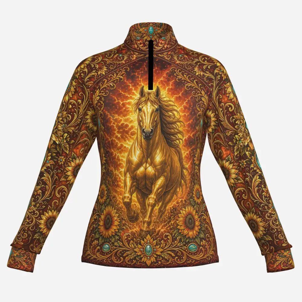 Sunfire Sovereign performance equestrian sun shirt with zip-up high neck featuring golden horse and sunflower pattern