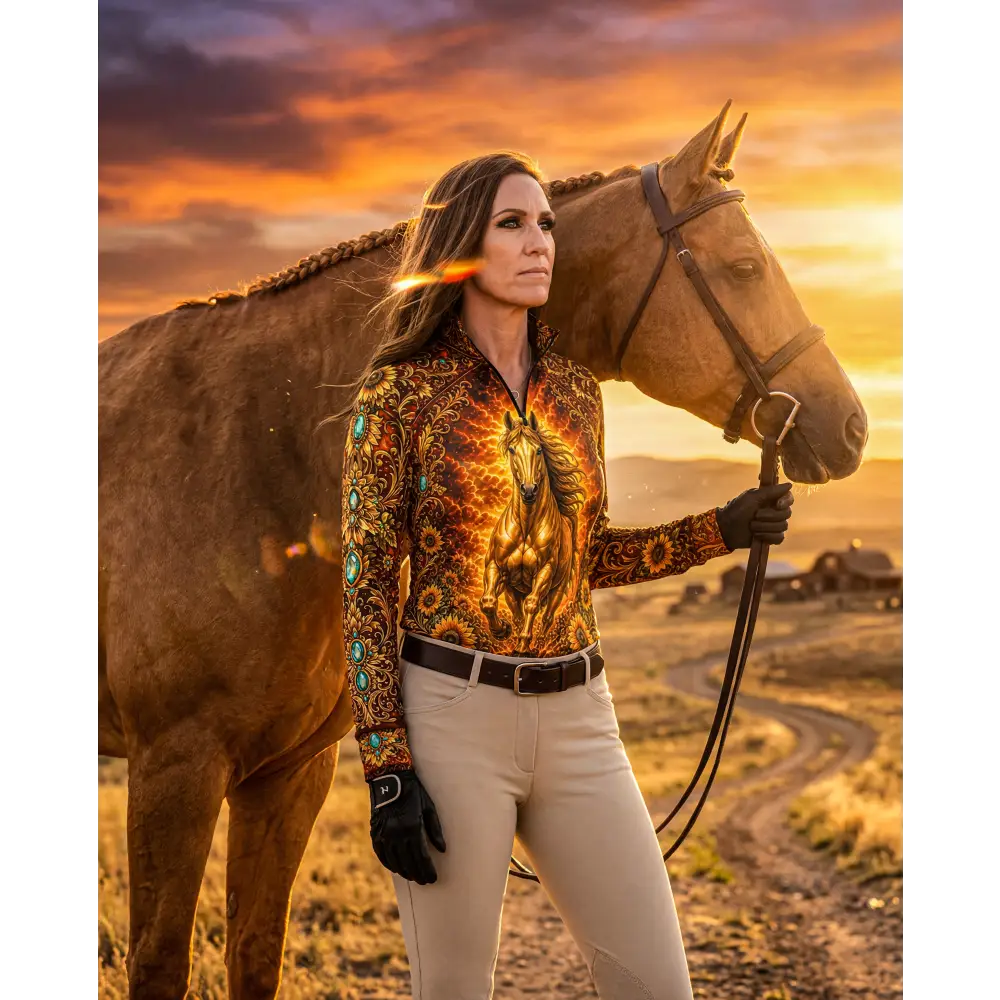 A woman wears a vibrant long-sleeved sunfire sovereign performance equestrian sun shirt with a golden horse design and turquoise accents