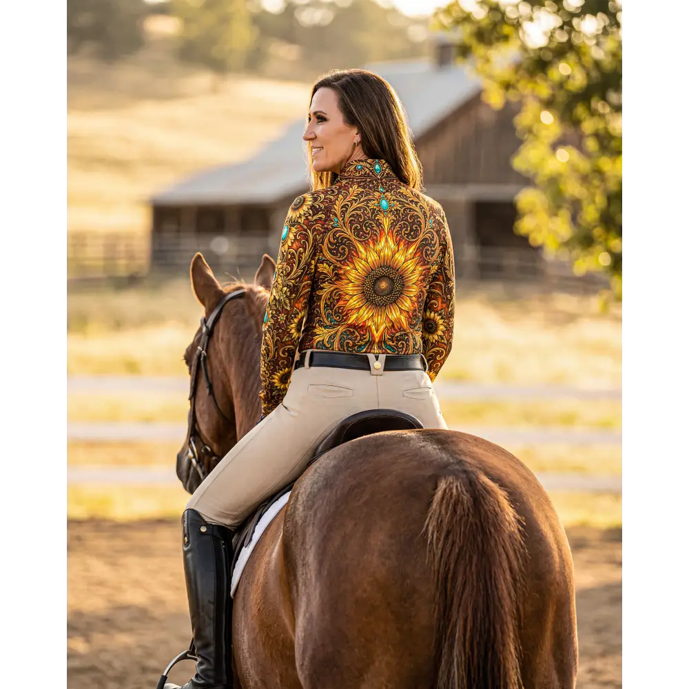 A woman wears a vibrant long-sleeved sunfire sovereign performance equestrian sun shirt with sunflower design and gold embroidery