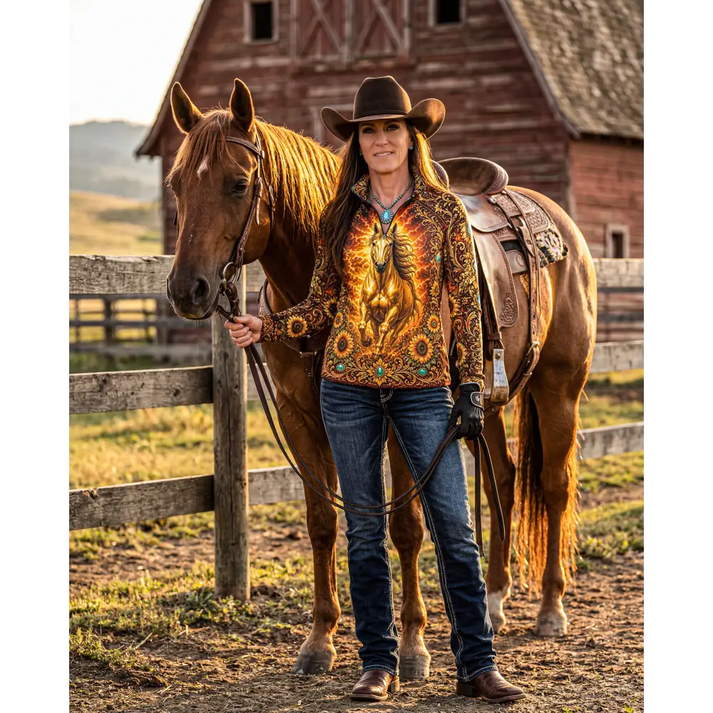 A woman wearing a vibrant long-sleeved sunfire sovereign performance equestrian sun shirt with a golden horse design