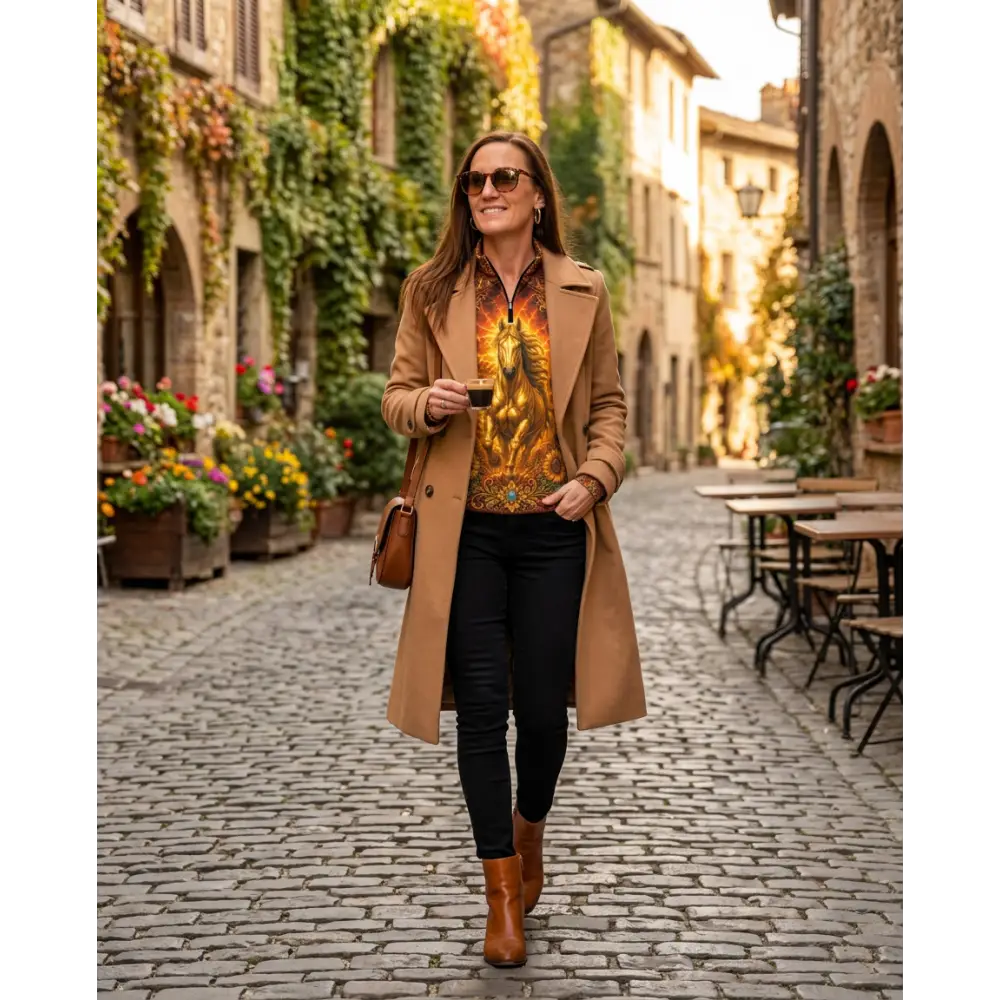 A woman wearing a tan trench coat over a sunfire sovereign performance equestrian sun shirt upf50+ with black pants and brown boots