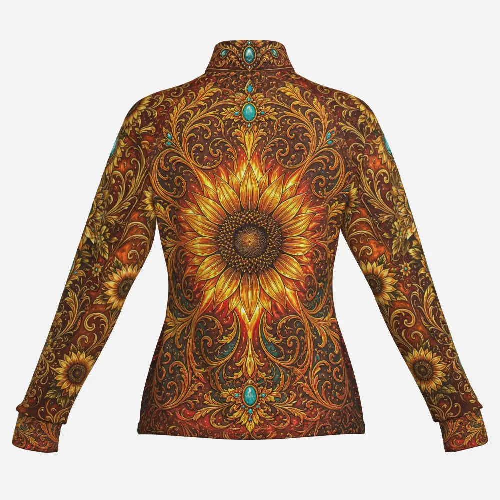 Sunfire sovereign performance equestrian sun shirt upf50 plus long sleeve high neck with sunflower design and turquoise accents